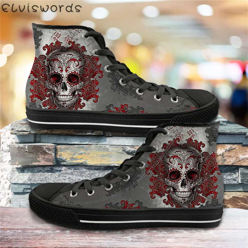 

ELVISWORDS Punk Skull Pattern Women Vulcanized Shoes 3D Retro Style High Top Flats for Fashion Ladies Breathable Shoes Footwear