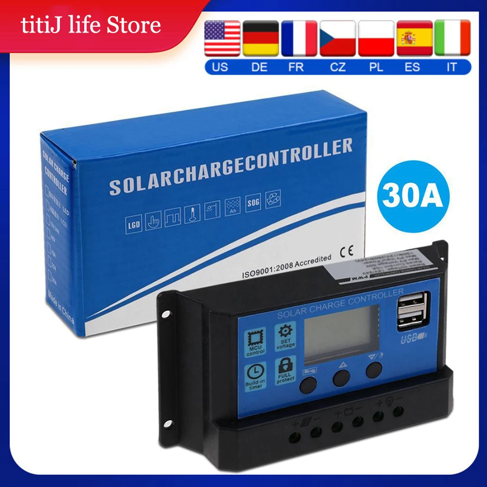 30A  12/24V  LCD Solar Regler Batterie Regulator Controller Dual USB 