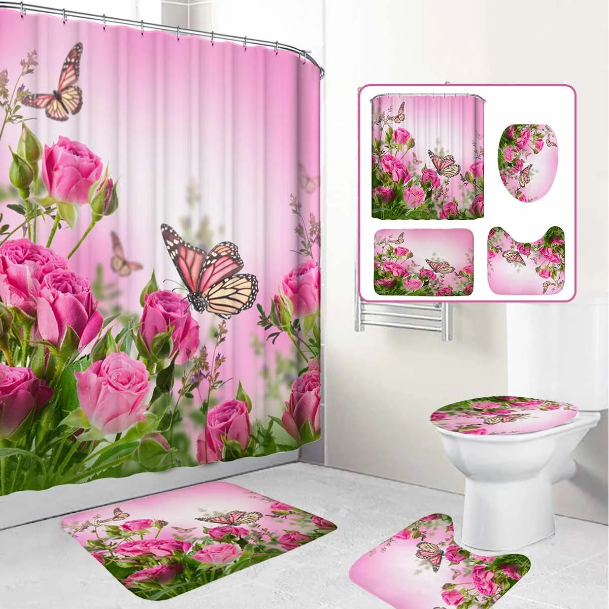 US Butterfly Rose Shower Curtain Anti-slip Bath Mat Rug Lid Toilet Seat  Cover