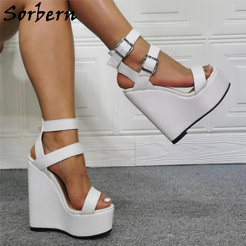 Sorbern Comfortable White Women Sandals Wedge High Heel Slingback Ankle Straps Summer Style Plus Size Women Heels 44 45 46
