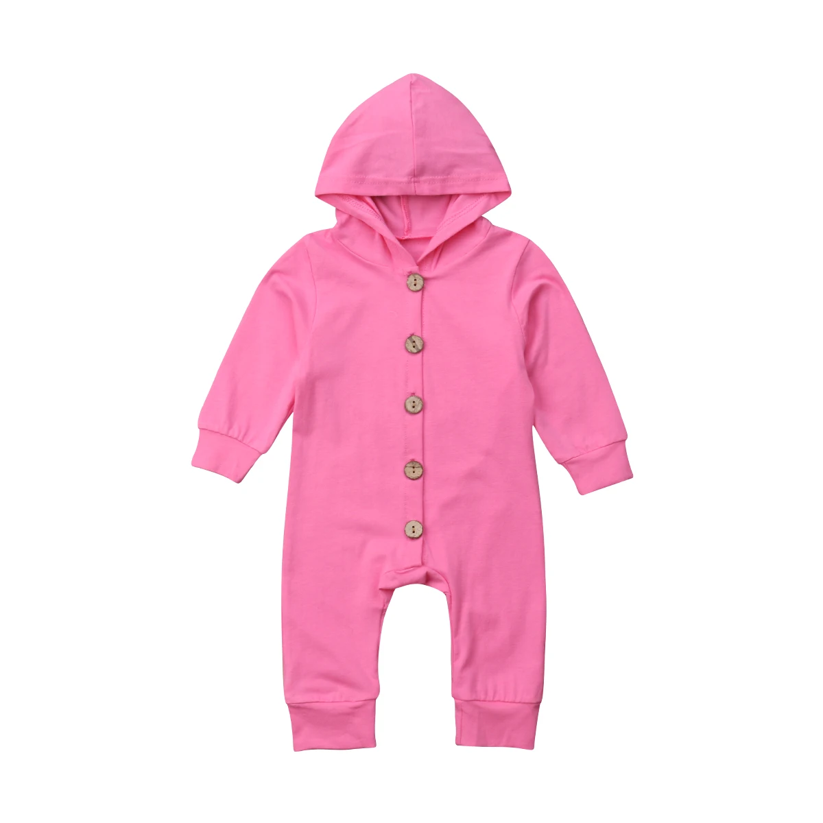Лидер продаж, Детские ползунки с капюшоном для новорожденных, осенняя одежда для маленьких мальчиков и девочек, комбинезон для малышей, однотонный, с длинными рукавами, на пуговицах, один комплект одежды на возраст от 0 до 24 месяцев - Цвет: Solid Pink