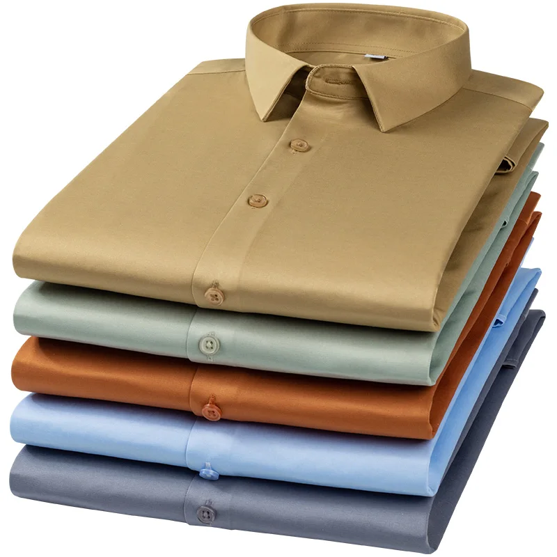 Men Long Sleeve Dress Shirts No Trace Elasticity Soft Cozy Pocket-less Formal Business Non-iron Slim Fit Social Smart Work Shirt