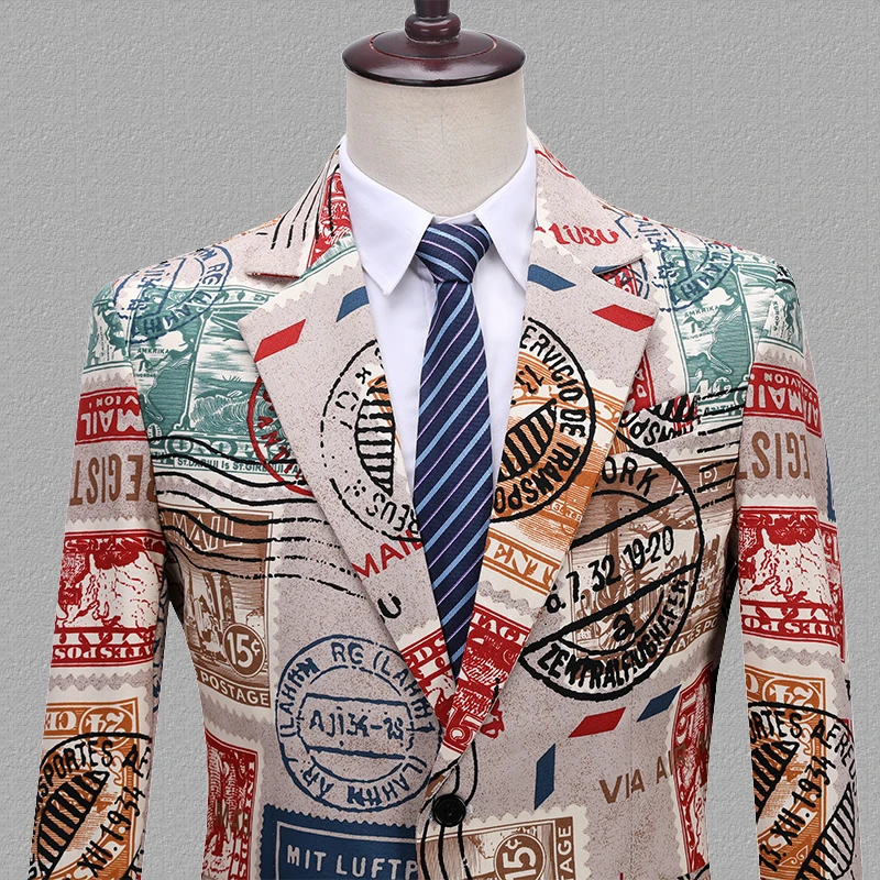 PYJTRL Men Vintage Two-piece Set Suits Love New Paper Stamp Print Night Club Singers Prom Party Tuxedo Latest Coat Pant Designs PYJTRL Men Vintage Two-piece Set Suits Love New Paper Stamp Print Night Club Singers Prom Party Tuxedo Latest Coat Pant Designs