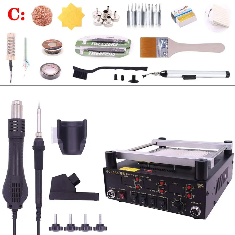 

Gordak 863 3 in 1 Hot Air Heat Gun BGA Rework Solder Station Electric Soldering iron IR Infrared Preheating Station