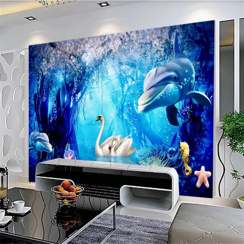白鳥とイルカの海景の壁紙 青い3d 美しい風景の壁の壁紙 壁紙 Aliexpress