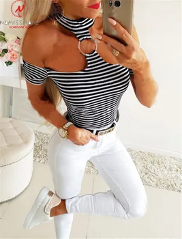 

Sexy Women Summer Striped Print T-Shirts Hollow Out Design Metal Ring Decor Halter Off Shoulder Short Sleeve Slim Pullovers Top