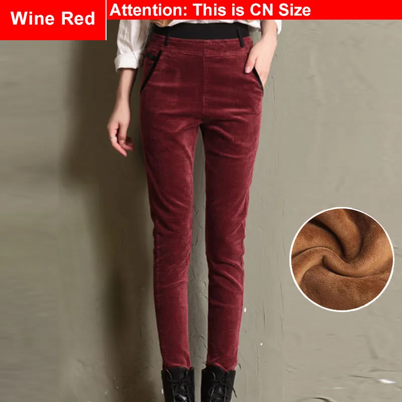 Wine Red (fleece) Розовые вельветовые брюки-карандаш с высокой эластичной талией размера плюс 3Xl 4Xl, женские повседневные флисовые брюки с карманами на зиму и осень - Цвет: Wine Red (fleece)