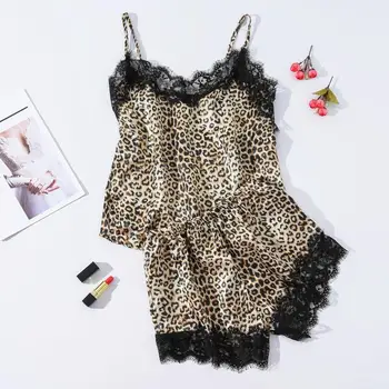 

Women Satin Seamless Vest Crop Lingerie Leopard Print Lace Pajamas Camisole Shorts Set Female Summer Sexy Nightwear Sleepwear