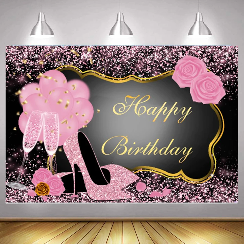 

Pink Happy Birthday Party Girls Photo Backdrop Custom Balloon Lady Shoes Rose Decoration Photography Backgrounds Banner