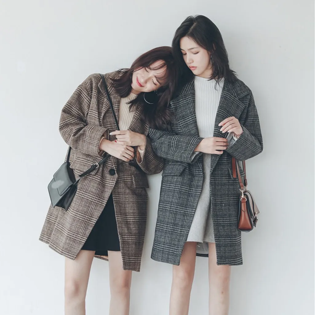 JAYCOSIN Vitality Женская винтажная шерстяная куртка в клетку, свободная длинная модная универсальная куртка, Корейская версия для сестры