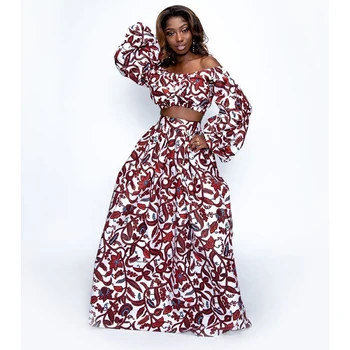 

BOHISEN Long Dress African Dresses For Off Shoulder Women Dress Long Sleeve African Print Clothing Suits African Skirt and Top