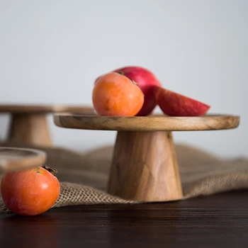 

solid wood fruit snack sushi cake stemmed plate for dessert hand-polished wooden tall plate cake tray