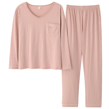 

Soft Spring Autumn Long Sleeve Long Pants Sleepwear Fashion Style Casual Style Pajamas Set Solid Front Pocket Pajamas for Woman