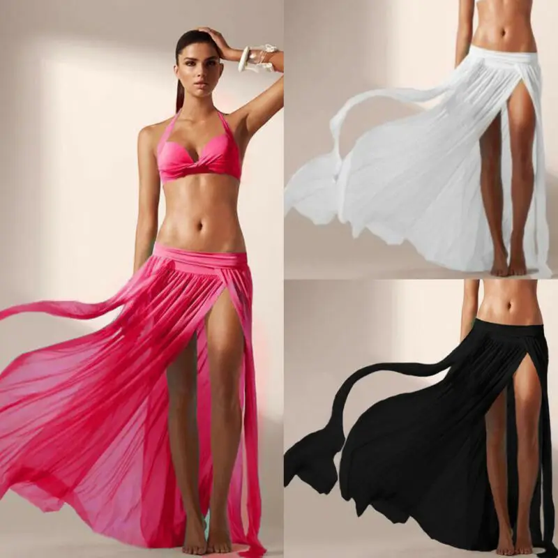 

New Casual Women Beach Skirts Solid Color Chiffon Summer Holiday Beach Cardigan Bikini Cover Up Wrap Beachwear Loose Long skirts