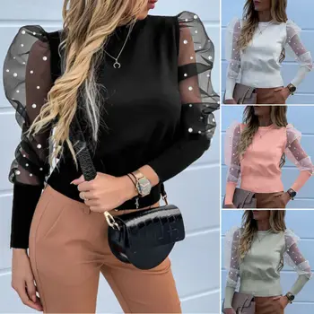 

Fashion Women Ladies Puff Mesh Long Sleeve Blouses Female Pearl Pullover Kintted Sweater Tops Casual Loose Transparent Shirt