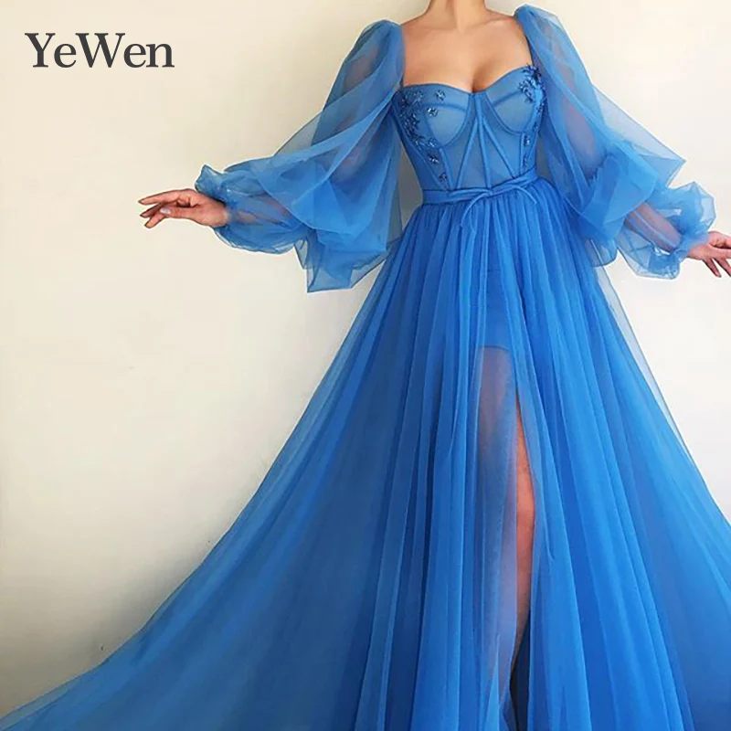 

Sexy Evening Dress 2020 Tulle Long Sleeve Evening Gown Elegant Prom Formal Dress Party Royal Blue Special Occasion Dresses
