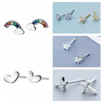 

Simple Mini rainbow Cubic Zircoina Cross Stud Earrings 925 Sterling Sliver Tiny Studs Earrings Minimalist Small Post Earrings A3