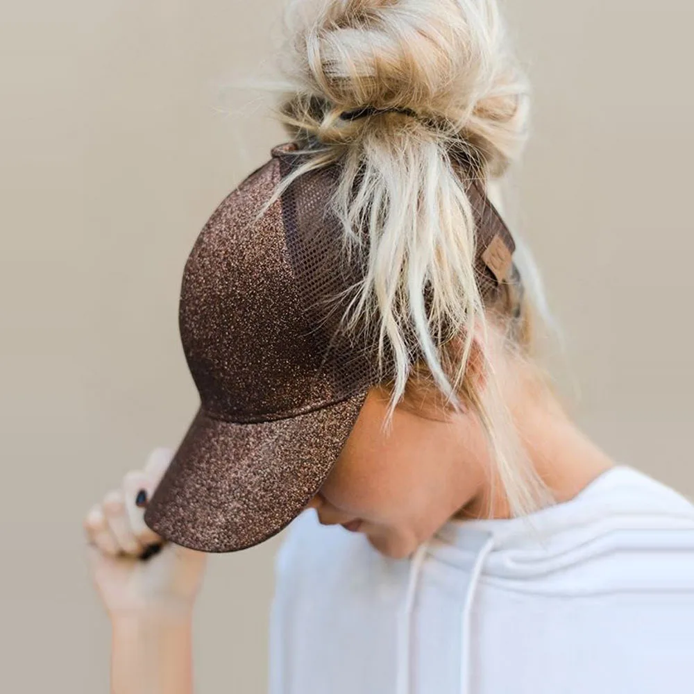 

May New Style after Adjustable Ponytail Cap Europe And America Sequin Baseball Cap Onion Powder Mesh Cap Brim Hat Labeling Hat