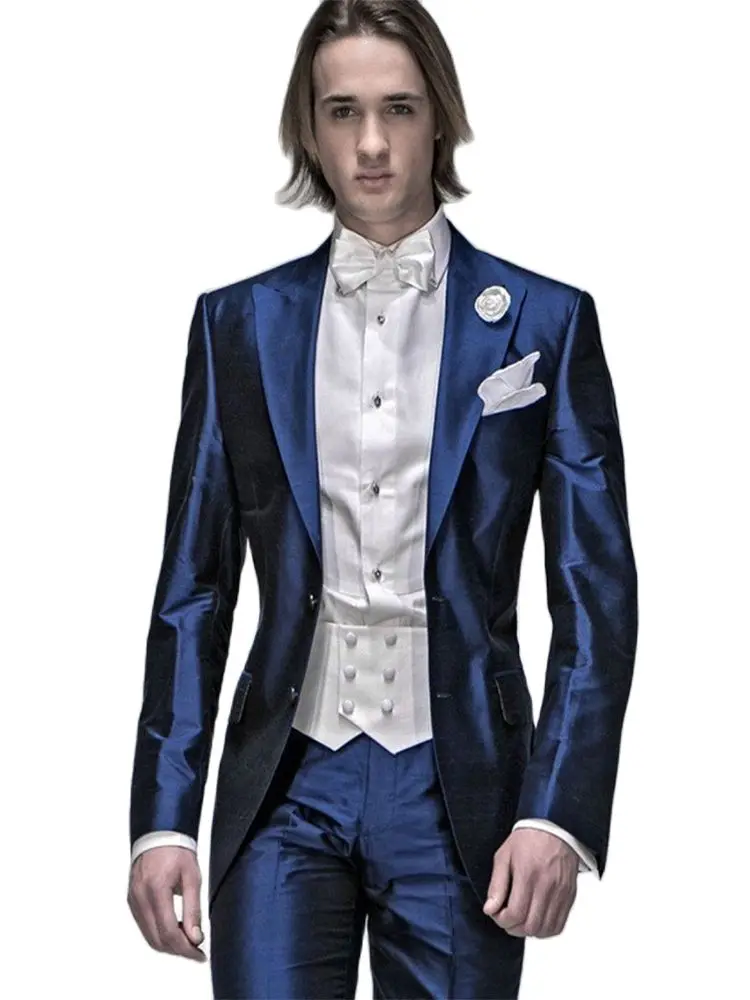

New Arrival Groom Tuxedos Peak Lapel Men's Suits Dark Blue Shiny Satin Groomsman Wedding/Prom Suits(Jacket+Pants+Vest)Party Wear