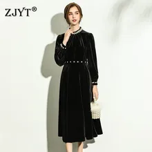 

Autumn Winter Fashion Women's Plus Size Black Velvet Dresses Long Sleeve Beading Pearls Midi Vestidos Vintage Party Robe Femme