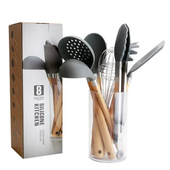 

8 pcs Silicone Cooking Kitchen Utensil Set Non-stick Spatula Shovel Soup Spoon Wooden Handle Kitchen Tools Gray