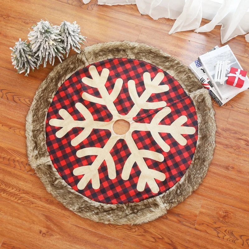 ABFU-Christmas Tree Skirt 36 Inches Large Burlap Plaid Snowflake with Thick Faux Fur Edge Skirt Rustic Xmas Tree Holiday Decorat