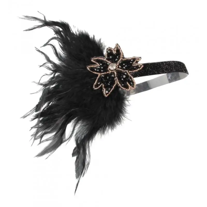 Women's Vintage Feather Headband, Black Rhinestone 20s Flapper Headband - Roaring 1920s Headpiece - Elastic Band