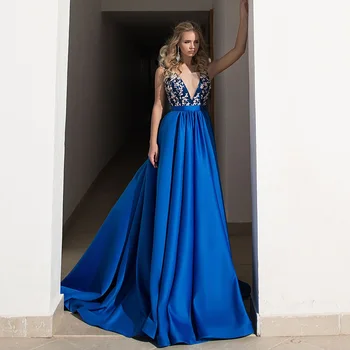 

Weilinsha Royal Blue Party Prom Dresses Scoop Neck Sleeveless Applique Satin A-line Evening Dress Robe De Soiree 2020