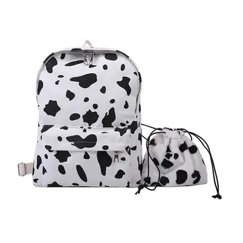 

Backpack Canvas High School Student Cow Print Plush Fashion Large capacity and Multifunctional H1