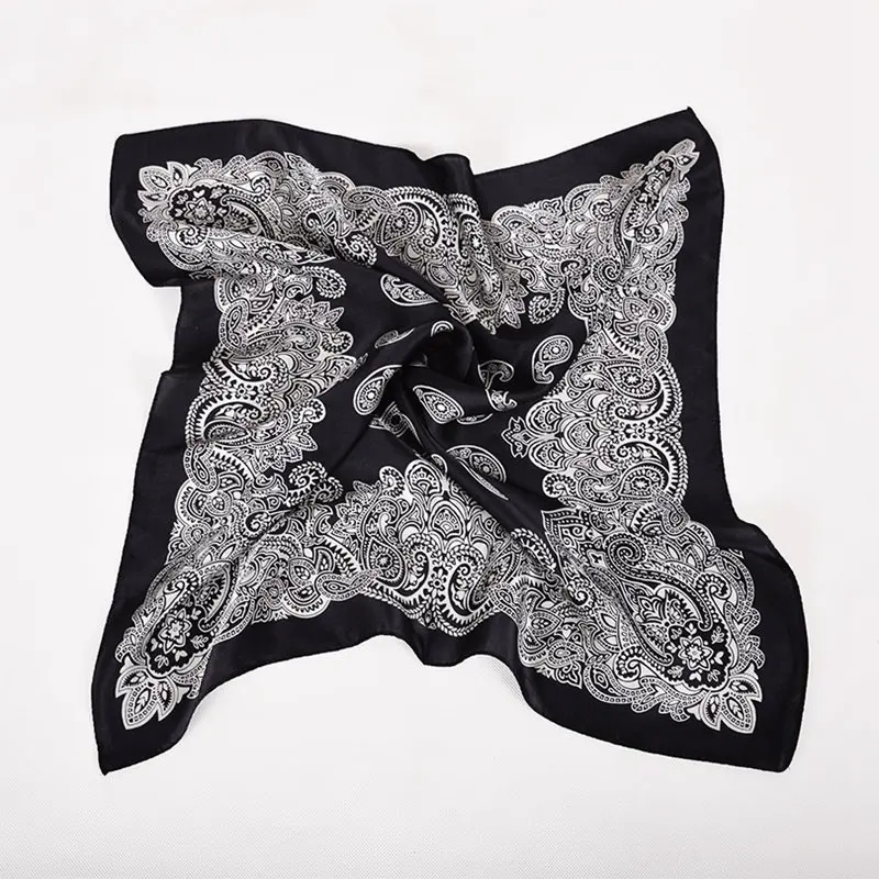 black white floral Европейский Американский стиль, шелк, маленький квадратный шарф с принтом, модный белый круглый шарф в горошек, Шелковый атласный шарф, женский шарф из чистого шелка - Цвет: black white floral