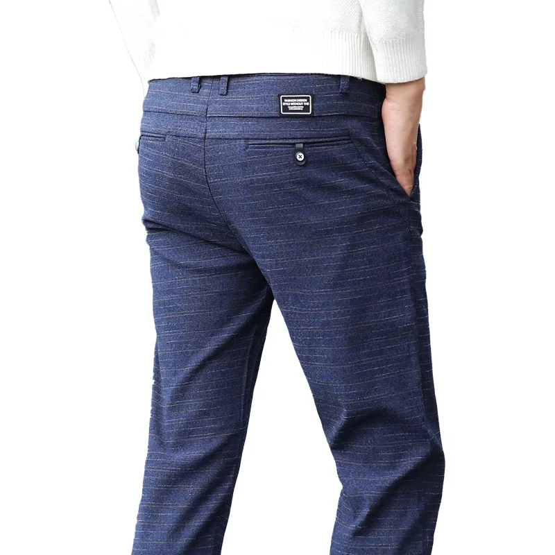 Fashion Men Trousers Navy Blue Suit Pants 2019 New Casual Skinny Pants for Male Slim Plaid Suit Pants Breathable Hemp Work Pants