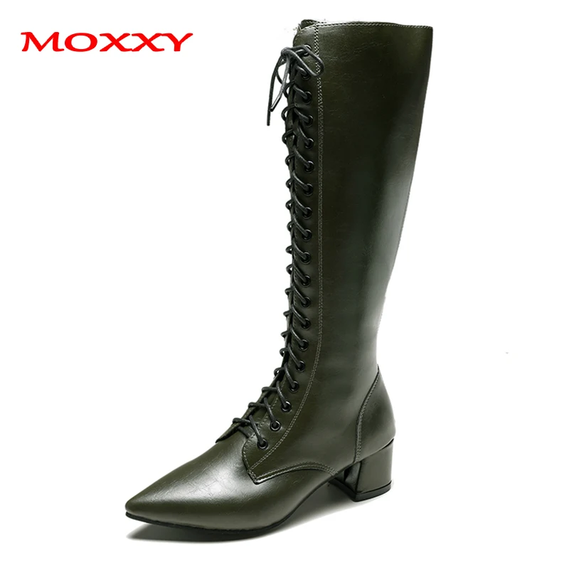 

2019 New Pointed Toe Sexy Knee High Boots Women Shoes Zipper Lace Up Winter Ladies High Heel Boots Leather Green Overknee Boots
