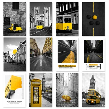 

Black and White Landscape Wall Art Yellow Bus Car Canvas Poster Prints Nordic Style Paintings Yellow Building Picture for Room