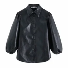 Женские винтажные черные топы из искусственной кожи с рукавами-фонариками, женские тонкие однобортные повседневные блузы в стиле ретро