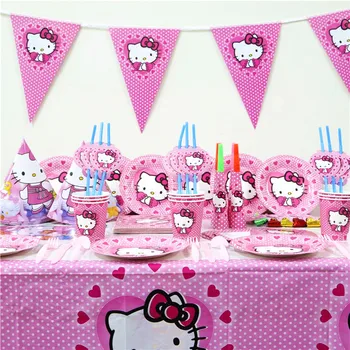 

Cartoon Hello Kitty Pink Tablecloth Kid Girls Favor Birthday Pack Event Party Cups Plates Baby Shower Disposable Tableware Sets