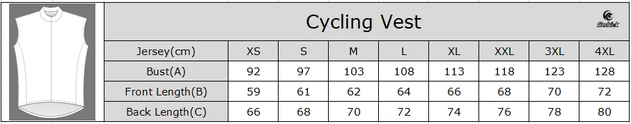 Cycling Vest Size sheet
