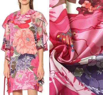 

Pink Flowers Print Emulation silk Crepe DE Chine Fabric For Satin Dress ткань для платья ткани tissu african bazin riche