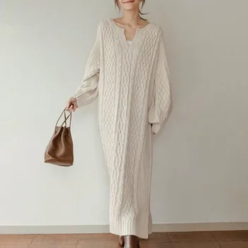 

Pullover Knitted Sweater Dress Women Elegant Autumn Long Sleeve Solid Beige Thick Long Dresses Korean Causal Vestidos Minimalist