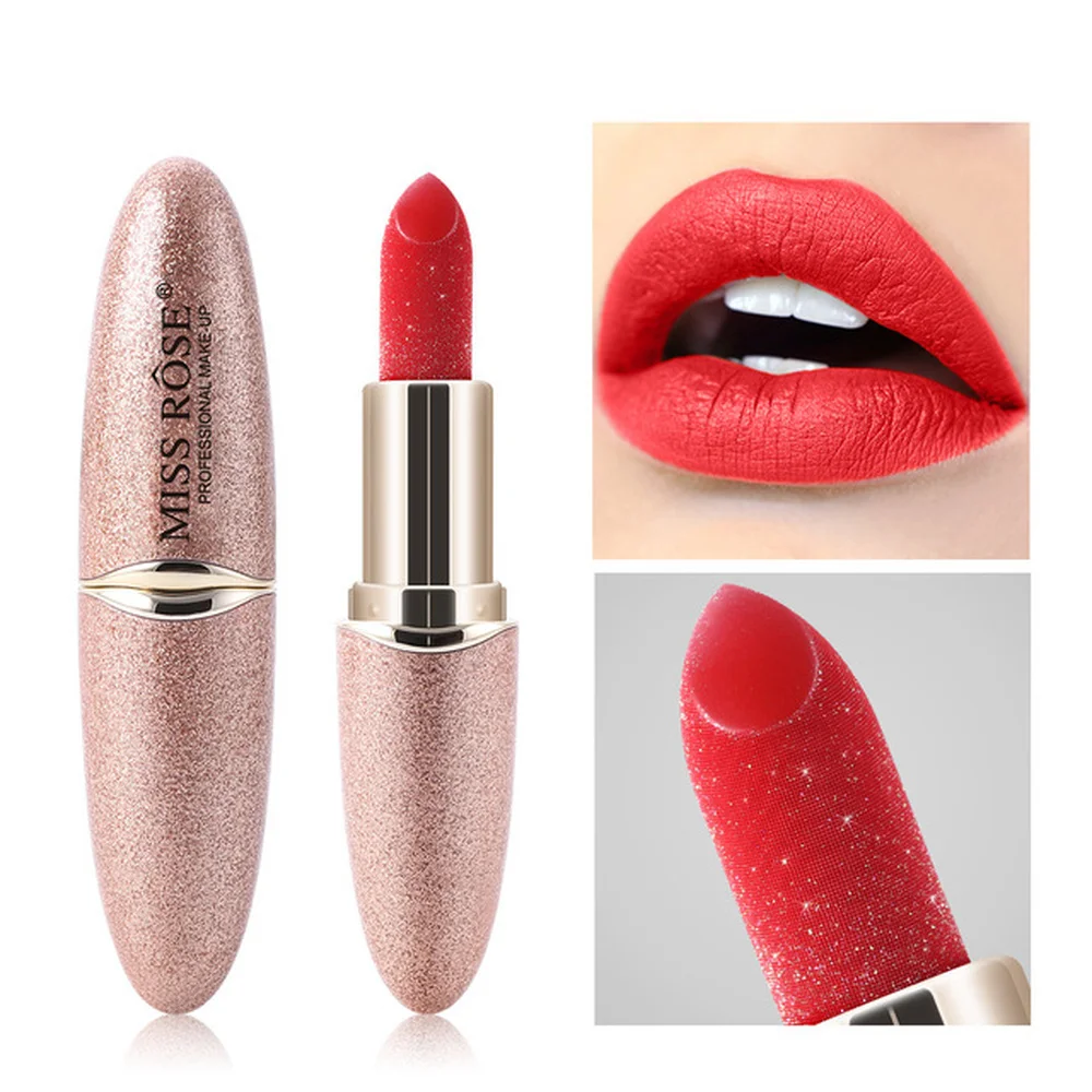 

Brand Miss Rose Waterproof Matte Lipstick 12Color Shimmer Matt Lip Stick Moisturizer Long Lasting Easy To Color Glitter Lipstick