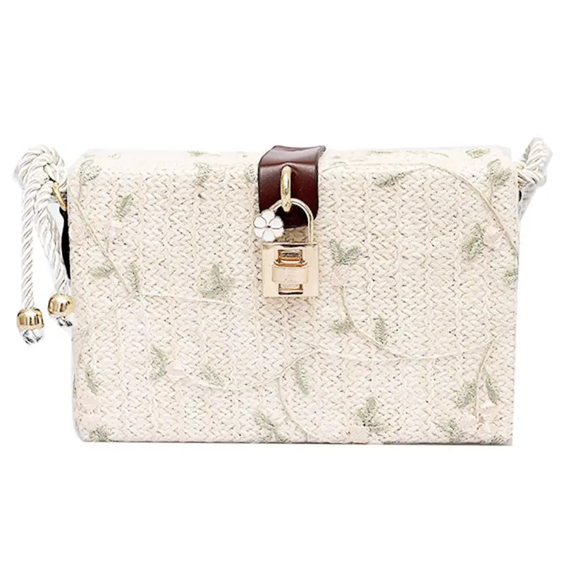 

Summer Beach Handbags Women Messenger Bags Square Straw Hand Woven Ladies Crossbody Bag Shoulder Bags White