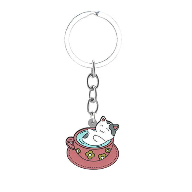 TAFREE Cat Coffee Cup Cartoon Shape Personality Keychain Jewelry Epoxy Backpack School Bag Resin Keychain Fashion Pendant CUP16