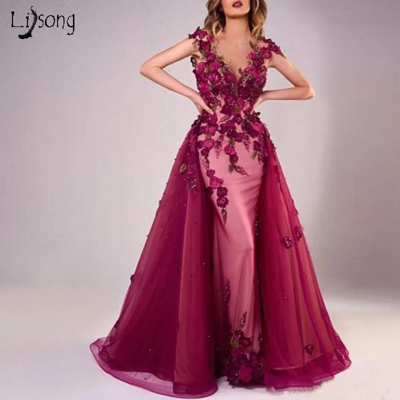 

Elegant 3D Flower Lace Evening Party Dresses With Detachable Train 2019 Burgundy Mermaid Long Prom Formal Gowns Vestidos Noche