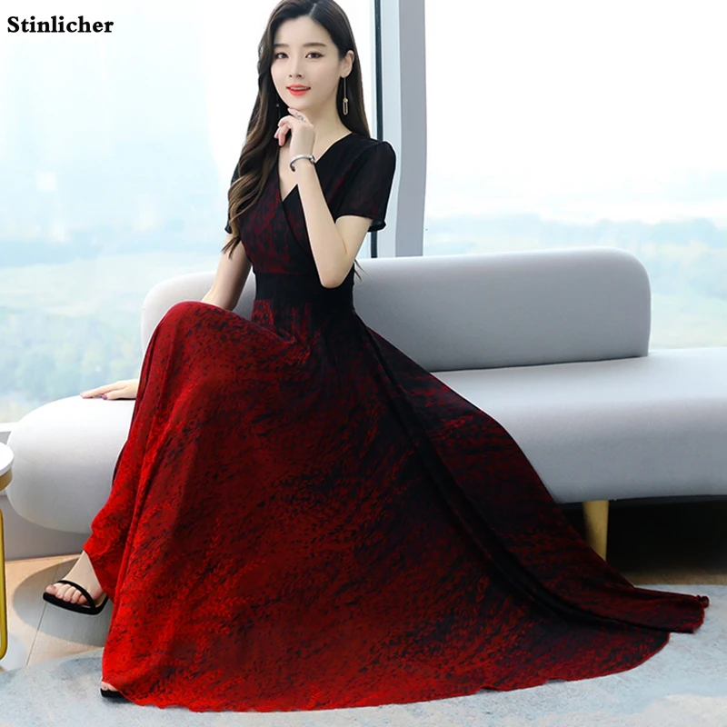 

Elegant Gradient Color Flower Long Chiffon Dress Women Vintage V-Neck Short-Sleeved Summer Beach Maxi Dress Ladies Work Vestidos