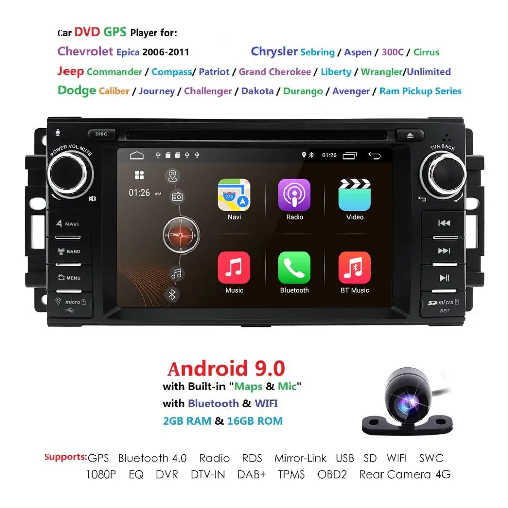 2G RAM 16G ROM Android 9.0 Car Stereo CD DVD Player for JEEP in Dash Car Radio 6.2''GPS Navigation RDS DSP WIFI 4G Bluetooth SWC