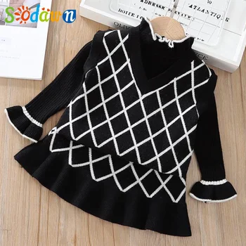 

Sodawn Girls Clothes Set 2020 Autumn Winter College Plaid V-neck Knitted Vest + Long Sleeve Dress 2Pcs Toddler Kids Clothes