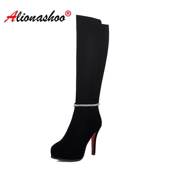 

Women Flock High Heels Knee High Boots Platform Thin High Heels Boots Women Winter Warm Booties Shoes Ladies Large Sizes 34-43