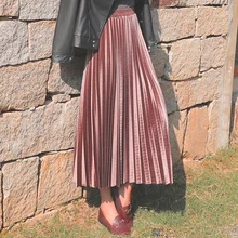 Юбка из золотого бархата; Новинка; сезон осень-зима; Женская юбка с высокой талией; длинная Плиссированная юбка средней длины с металлическими вставками; Повседневная маленькая юбка для танцев