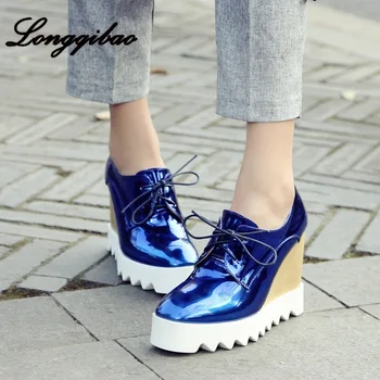 

European and American fashion patent leather platform with single shoes casual tie student waterproof platform square head shoes