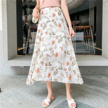 

Spring Summer High Waist Chiffon Women Midi Skirts Casual Floral Print Female Skirt Maxi Beach Skirt femme 2020