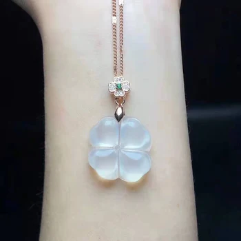 

Exquisite all natural white four-Leaf clover shape glacial bright clear transparent chalcedony pendant necklace